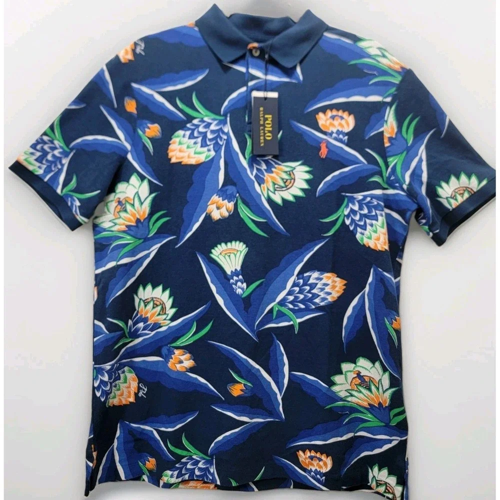 Polo Ralph Lauren Mens Med Classic-Fit Tropical Print Mesh Polo Hawaiian Blue
